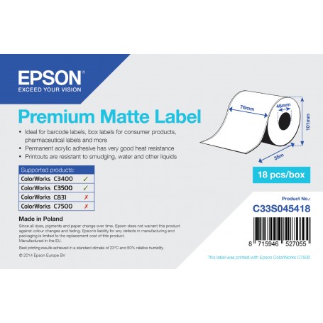 Epson Premium Matte Label - Continuous Roll: 76mm x 35m (C33S045418)